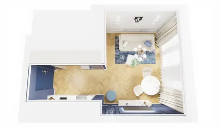 Wnętrze salonu z niebieskimi dodatkami, nowoczesny, quiet luxury, tradycyjny