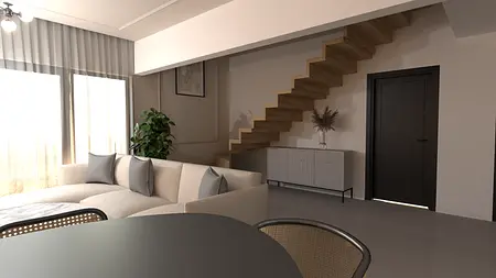 Wnętrze salonu z beżową sofą, drewnianymi schodami i roślinami, styl glamour i współczesny.
