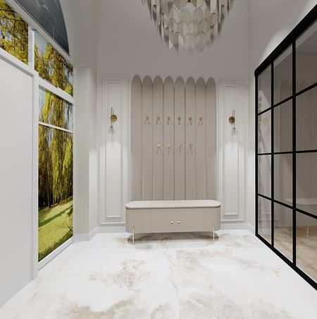 Przedpokój w stylu glamour z nowoczesnym oświetleniem i współczesnymi akcentami.