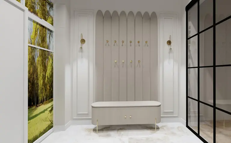 Przedpokój w stylu glamour z nowoczesnym oświetleniem i współczesnymi akcentami.