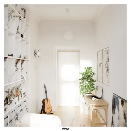 Wnętrze w stylu soft minimalizm z meblami vintage, regałem i rośliną.