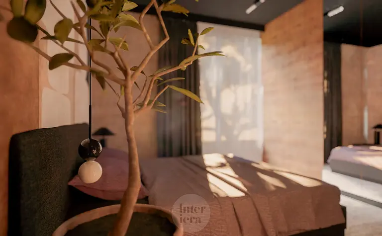 Wnętrze sypialni w stylu eklektycznym, japandi i minimalistycznym z rośliną.