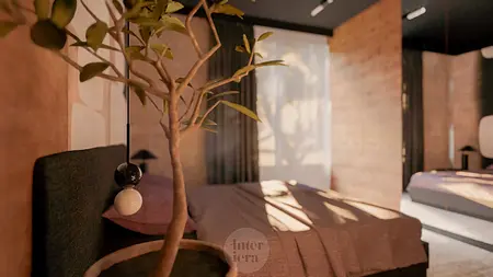 Wnętrze sypialni w stylu eklektycznym, japandi i minimalistycznym z rośliną.