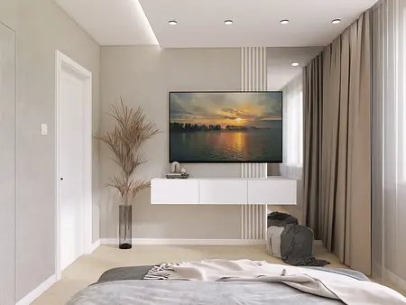 Nowoczesne wnętrze z białą szafką, telewizorem i rośliną.