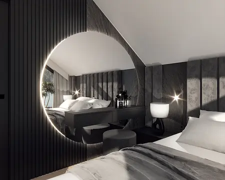 Sypialnia w stylu minimalistycznym z szarymi elementami wykończenia i nowoczesnym oświetleniem.