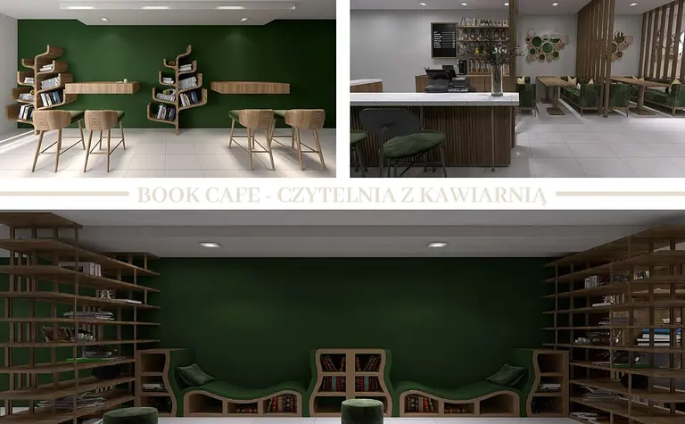 Wnętrze kawiarni z minimalistycznym wystrojem, zielone ściany i drewniane regały.