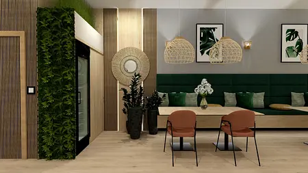 Jadalnia w stylu boho, nowoczesnym i skandynawskim z zielonymi roślinami.