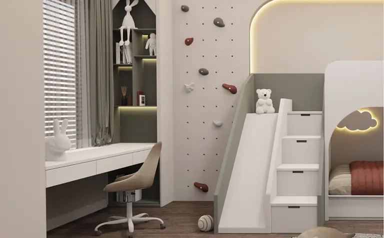 Wnętrze pokoju dziecięcego z biurkiem, łóżkiem i akcesoriami w stylu minimalistycznym, soft minimalizm, współczesny.
