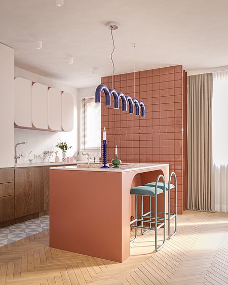 Kuchnia w stylu art deco z różowymi płytkami i drewnianymi meblami.