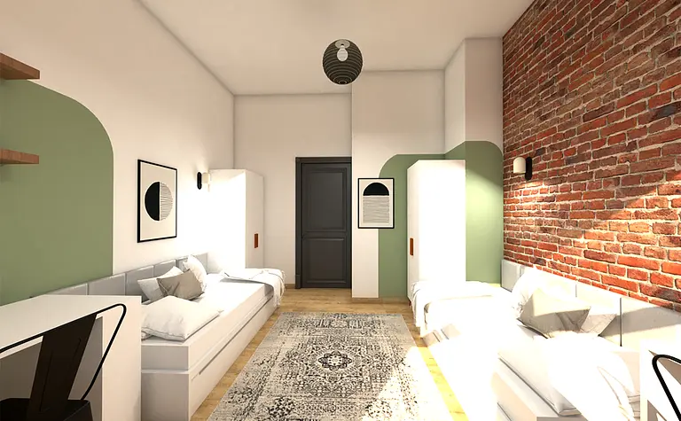 Wnętrze z białymi meblami, ceglaną ścianą i stylowym dywanem w stylu dopamine decor.