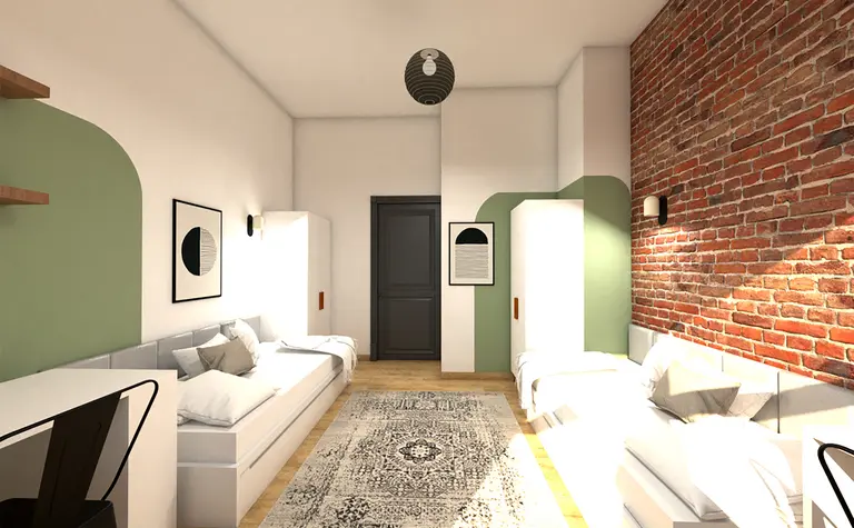 Wnętrze z białymi meblami, ceglaną ścianą i stylowym dywanem w stylu dopamine decor.