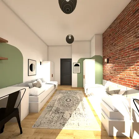 Wnętrze z białymi meblami, ceglaną ścianą i stylowym dywanem w stylu dopamine decor.