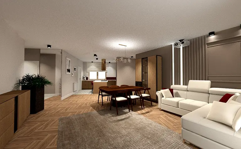 Wnętrze eklektycznego salonu z jasnymi meblami i drewnianym stołem.