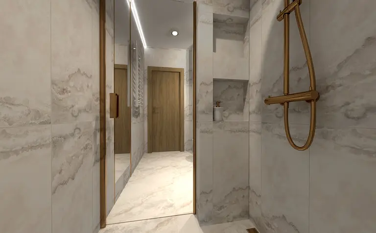 Współczesna łazienka z białymi płytkami, drewnianymi drzwiami i złotymi akcentami.