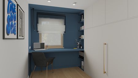 Gabinet z niebieskimi ścianami, biurkiem i minimalistycznymi akcentami.