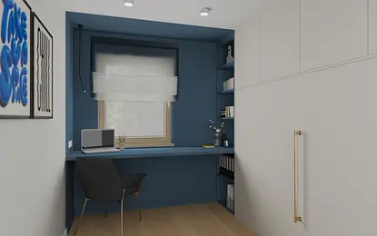 Gabinet z niebieskimi ścianami, biurkiem i minimalistycznymi akcentami.