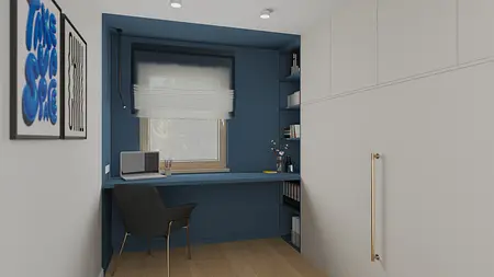 Gabinet z niebieskimi ścianami, biurkiem i minimalistycznymi akcentami.