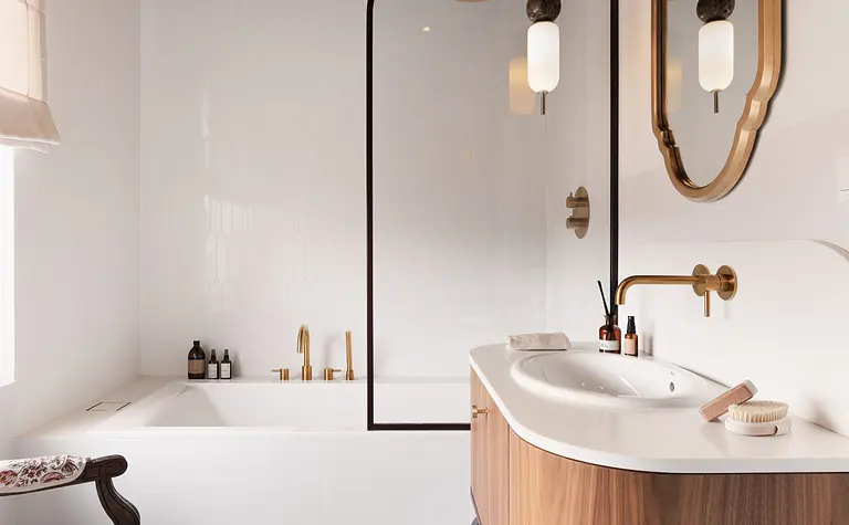 Nowoczesna łazienka w stylu eklektycznym i vintage z drewnianymi meblami oraz marmurową podłogą.