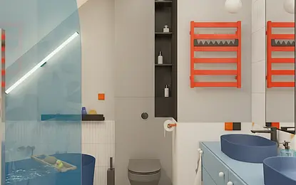 Wnętrze łazienki z niebieskimi umywalkami, pomarańczowymi akcentami i nowoczesnym wystrojem.