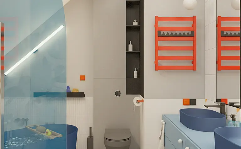 Wnętrze łazienki z niebieskimi umywalkami, pomarańczowymi akcentami i nowoczesnym wystrojem.