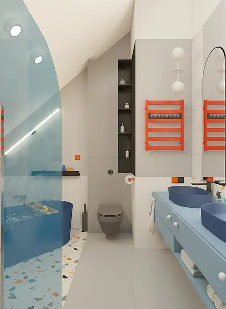 Wnętrze łazienki z niebieskimi umywalkami, pomarańczowymi akcentami i nowoczesnym wystrojem.