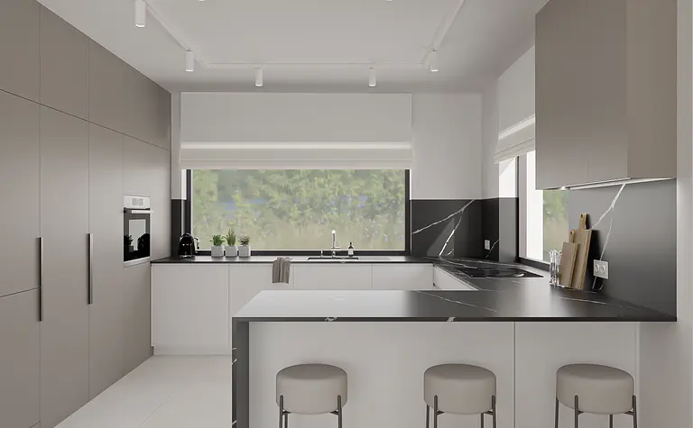 Nowoczesna kuchnia z minimalistycznym designem, szarymi meblami i czarnym blatem.