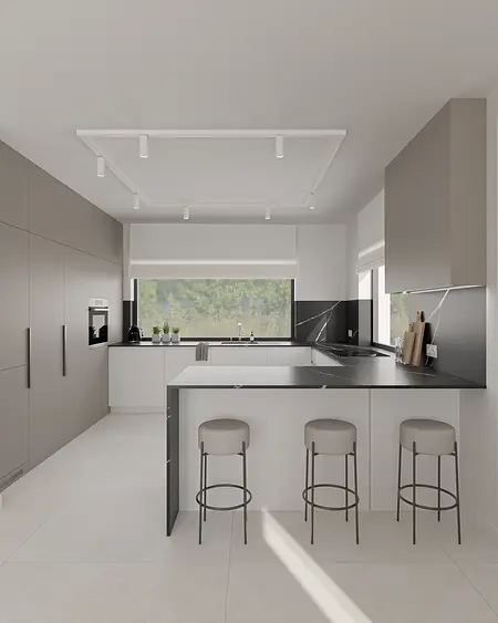 Nowoczesna kuchnia z minimalistycznym designem, szarymi meblami i czarnym blatem.