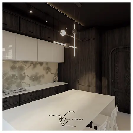 Wnętrze kuchni w stylach industrialnym, japandi, minimalistycznym, nowoczesnym i quiet luxury.