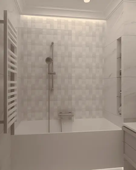 Nowoczesna łazienka z białą wanną i złotymi detalami, styl quiet luxury.