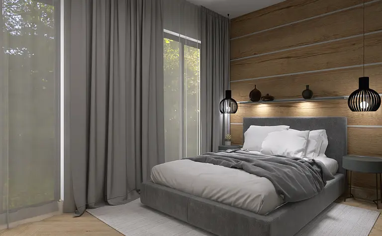 Sypialnia z szarym łóżkiem, drewnianą ścianą i zasłonami.