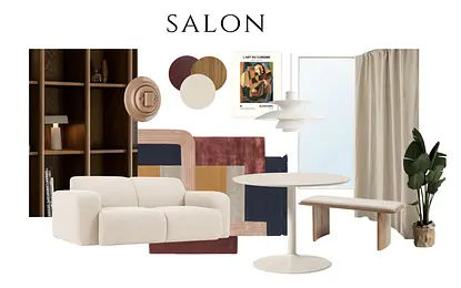Wnętrze salonu w stylu eklektycznym, skandynawskim i vintage z beżową sofą, drewnianymi dodatkami.