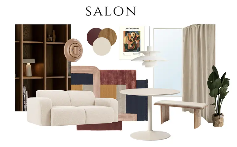 Wnętrze salonu w stylu eklektycznym, skandynawskim i vintage z beżową sofą, drewnianymi dodatkami.