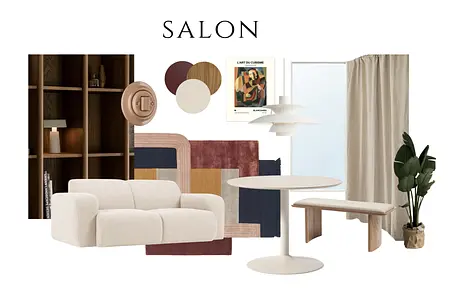 Wnętrze salonu w stylu eklektycznym, skandynawskim i vintage z beżową sofą, drewnianymi dodatkami.
