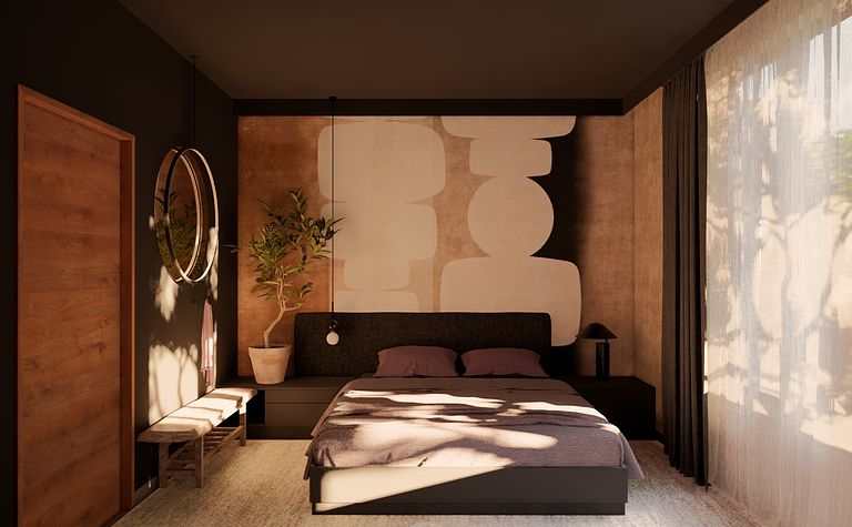 Sypialnia w stylu eklektycznym, japandi i minimalistycznym z brązowymi akcentami.