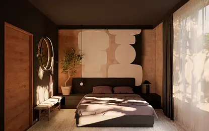 Sypialnia w stylu eklektycznym, japandi i minimalistycznym z brązowymi akcentami.