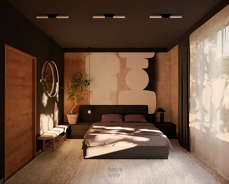 Sypialnia w stylu eklektycznym, japandi i minimalistycznym z brązowymi akcentami.