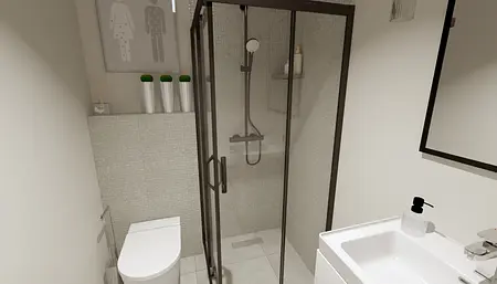 Wnętrze łazienki z prysznicem i białą armaturą, nowoczesne wykończenie.