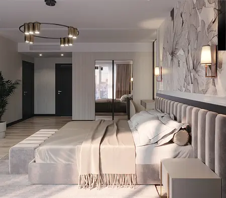 Wnętrze sypialni z szarym łóżkiem i dekoracyjnymi lustrami w stylu art deco i glamour