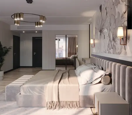 Wnętrze sypialni z szarym łóżkiem i dekoracyjnymi lustrami w stylu art deco i glamour