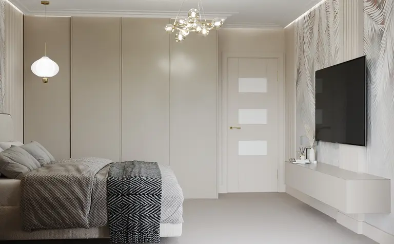 Wnętrze sypialni w stylu minimalistycznym z jasnymi meblami i nowoczesnymi akcentami.