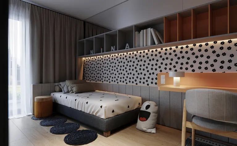 Pokój dziecięcy w stylu eklektycznym z minimalistycznym łóżkiem i industrialnym regałem.
