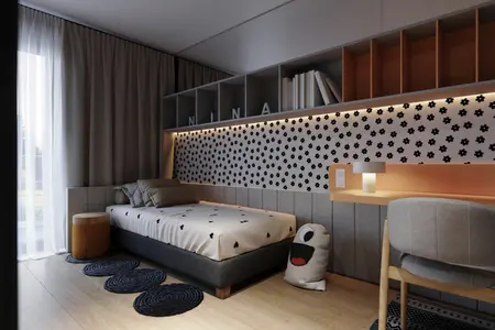 Pokój dziecięcy w stylu eklektycznym z minimalistycznym łóżkiem i industrialnym regałem.