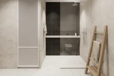 Nowoczesna łazienka w stylu japandi i minimalistycznym z szarymi płytkami.