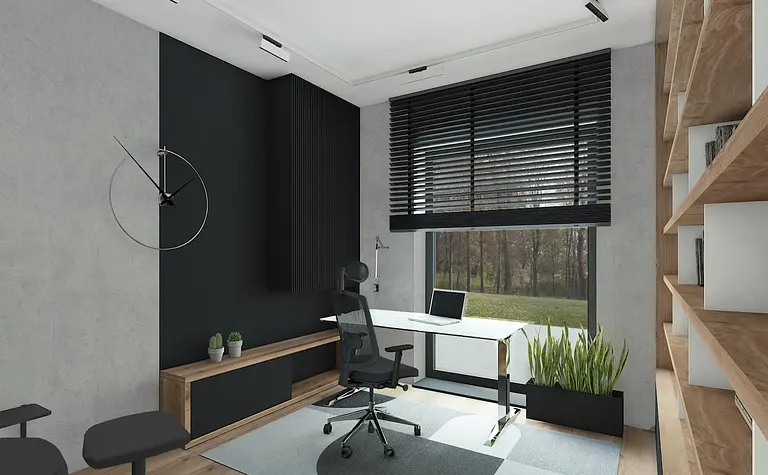 Wnętrze gabinetu z minimalistycznym biurkiem, roślinami i nowoczesnymi detalami.