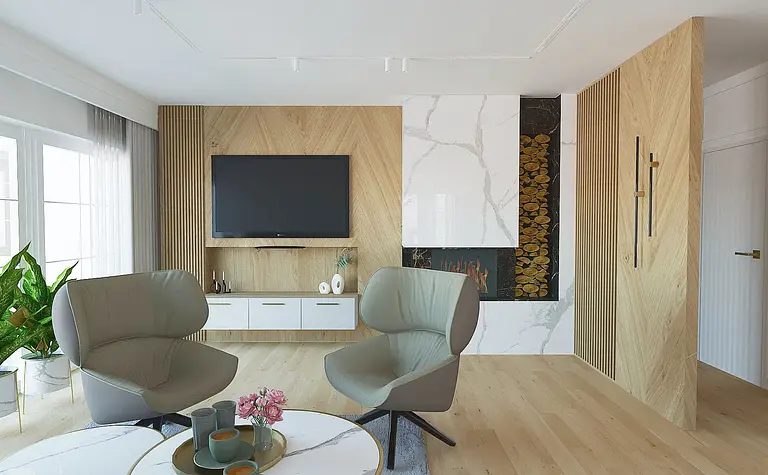 Wnętrze salonu z roślinnymi akcentami i kominkiem w stylu quiet luxury.