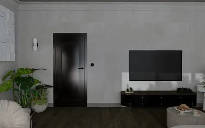 Wnętrze salonu w stylu minimalistycznym z roślinami, telewizorem i czarnymi akcentami.