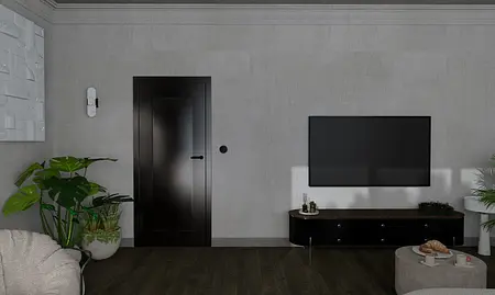 Wnętrze salonu w stylu minimalistycznym z roślinami, telewizorem i czarnymi akcentami.