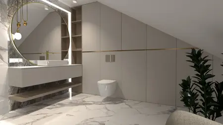 Nowoczesna łazienka z okrągłym lustrem i eleganckim wykończeniem.