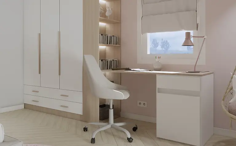 Wnętrze gabinetu z białymi meblami i różowymi detalami, styl minimalistyczny.