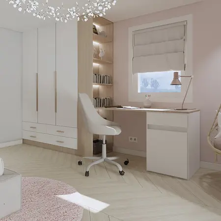 Wnętrze gabinetu z białymi meblami i różowymi detalami, styl minimalistyczny.